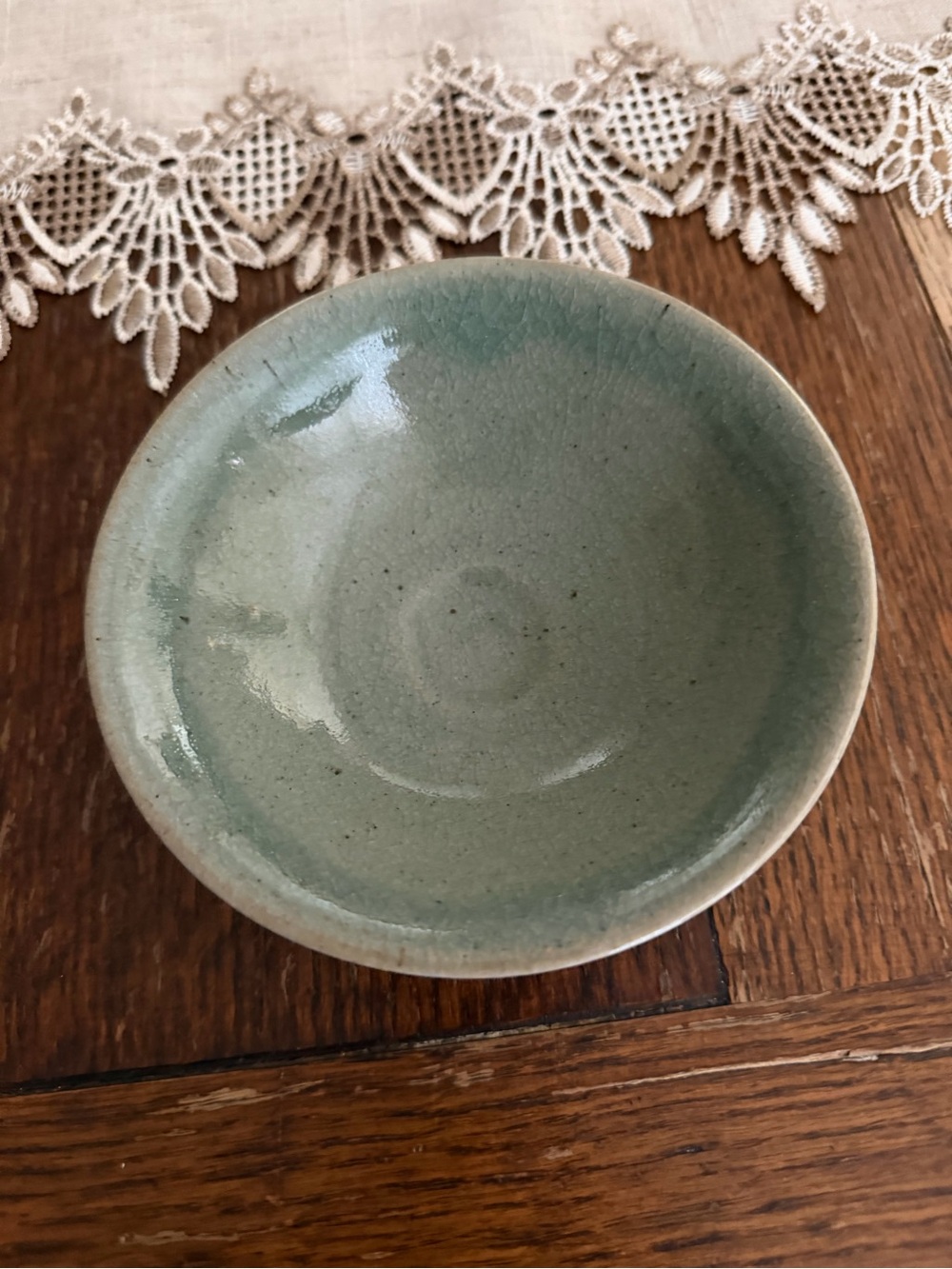 Signed vintage Celadon Green Crackle Glaze Lotus Chawan bowl